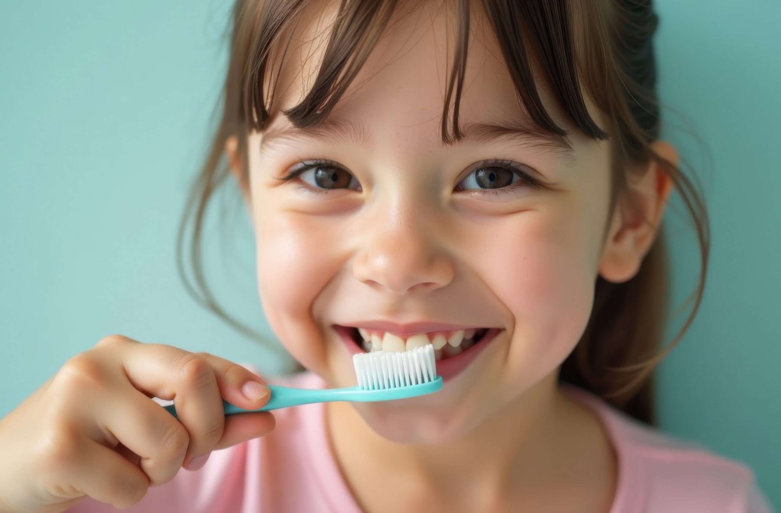 Happy little girl with brown hair brushing her teeth girl brushing her teeth